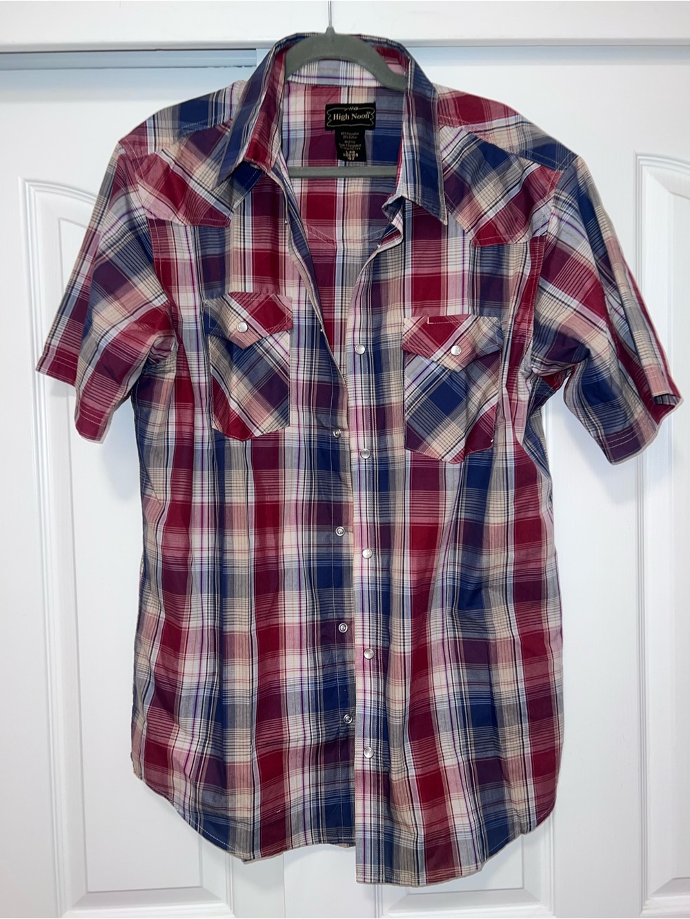 High Noon Men's Short Sleeve Plaid Button-Up Shirt - Red/Blue/Cream